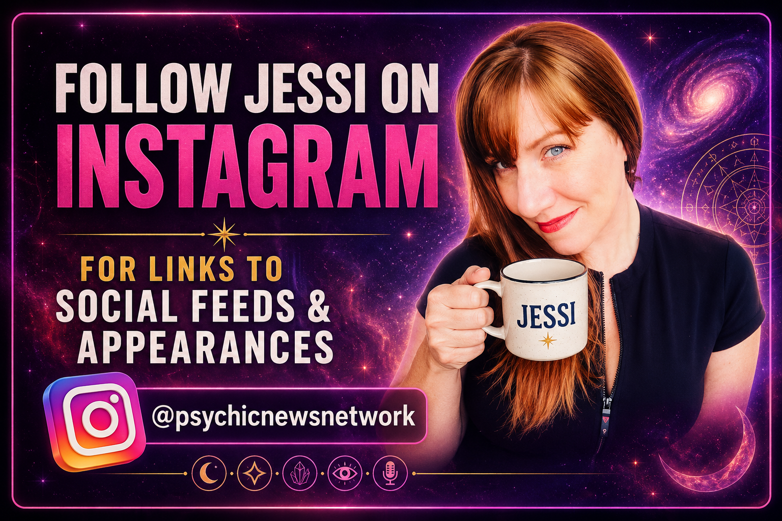 Jessi holding a mug in an astral setting